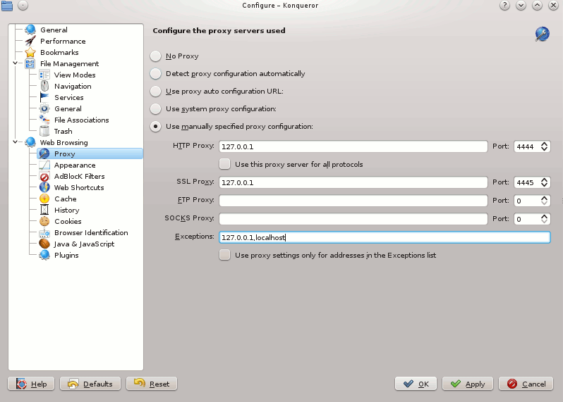 Konqueror Proxy Options Konqueror Proxy Options